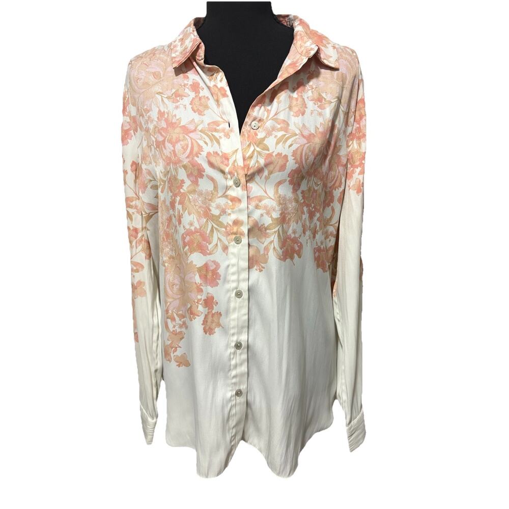 Rose + Olive Ivory Pink Floral Button Front Long Sleeve Blouse L